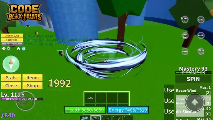 Giao diện kỹ năng Trái Spin và yêu cầu Mastery trong Blox Fruits