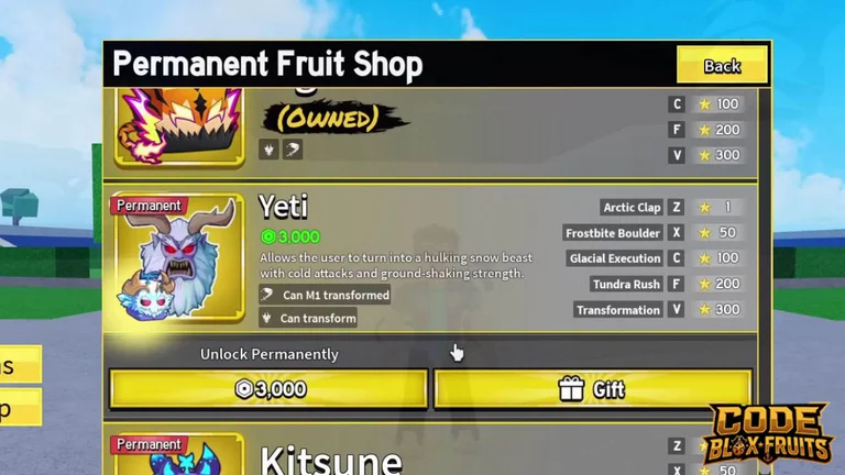 Giao diện kỹ năng Yeti trong Blox Fruits cùng yêu cầu Mastery