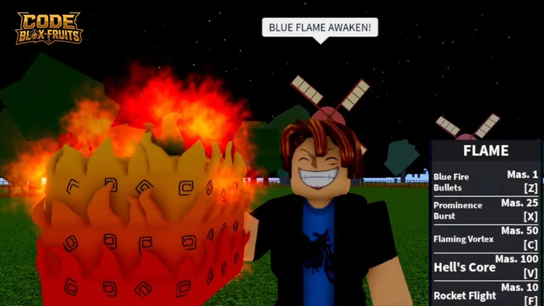 Giao diện kỹ năng Flame thường và yêu cầu Mastery trong Blox Fruits