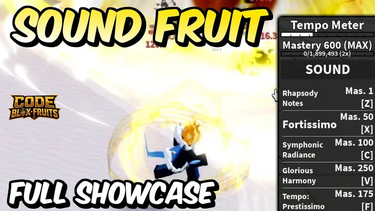 Giao diện bộ kỹ năng và Mastery của Sound trong Blox Fruits